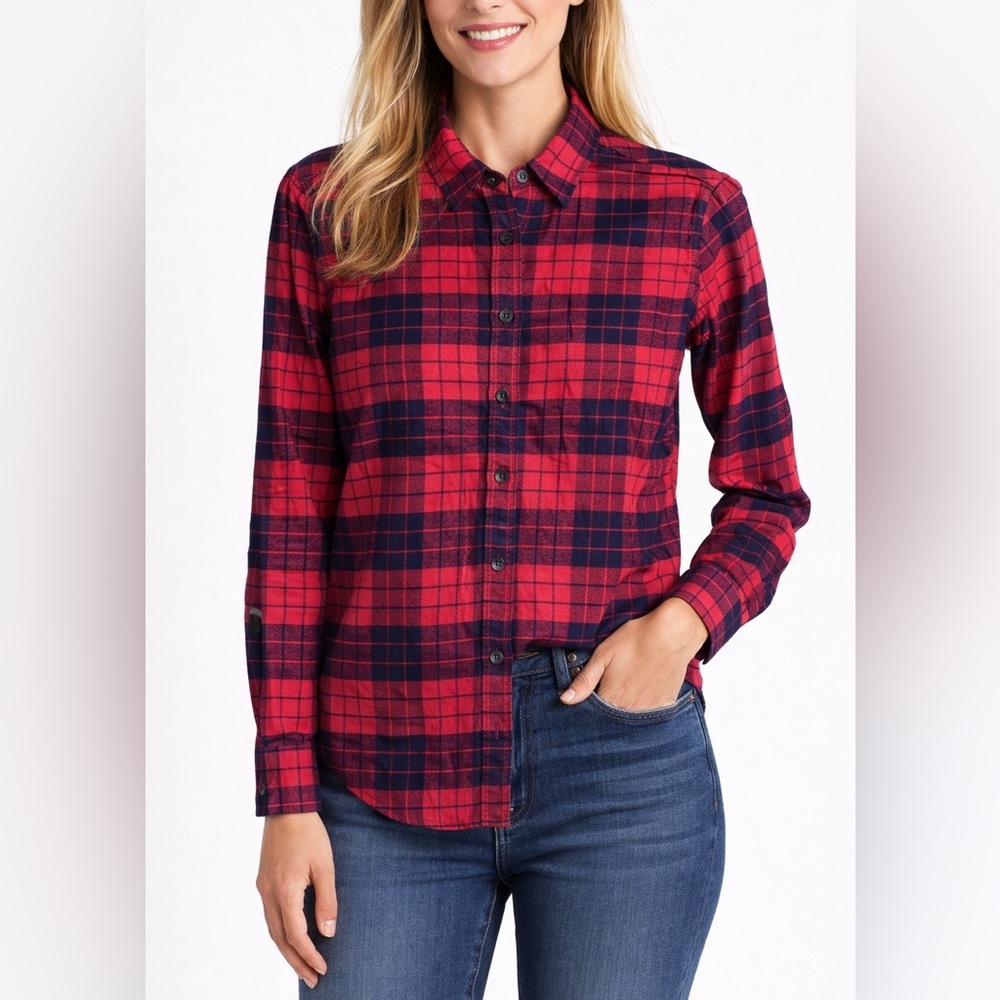 Lands' End Red Black Plaid Flannel Button Down Shirt Size 8